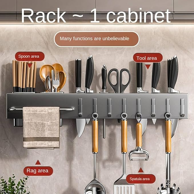 New Multi-Functional Kitchen Rack Home Wall-Mounted Knives Chopstick and Spoon Storage Rack Punch-Free cookware draining Rack