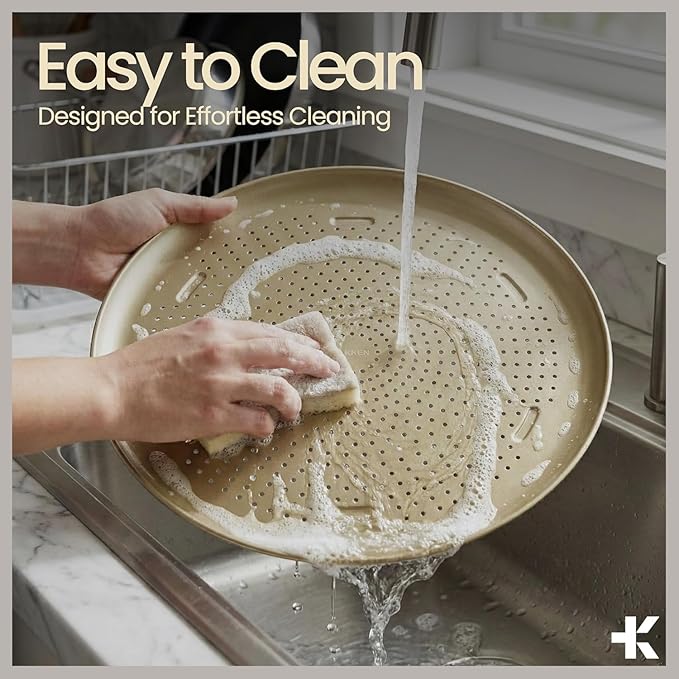 Bakken 16 Inch Non-Stick Pizza Pan 2 Pack, Round Carbon Steel Pizza Tray with Perforated Holes, PFOA, PFOS, & PTFE-Free, Dishwasher & Oven Safe Up To 450°F, Durable Nonstick Coating, Gold