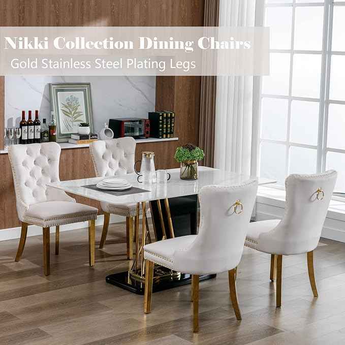 Beige Velvet Dining Chairs Set of 4, Upholstered Dining Room Chairs with Back Ring Pull Trim and Golden Stainless Steel Legs,Modern Kitchen Chairs for Dining Room,Living Room,Kitchen(Beige)