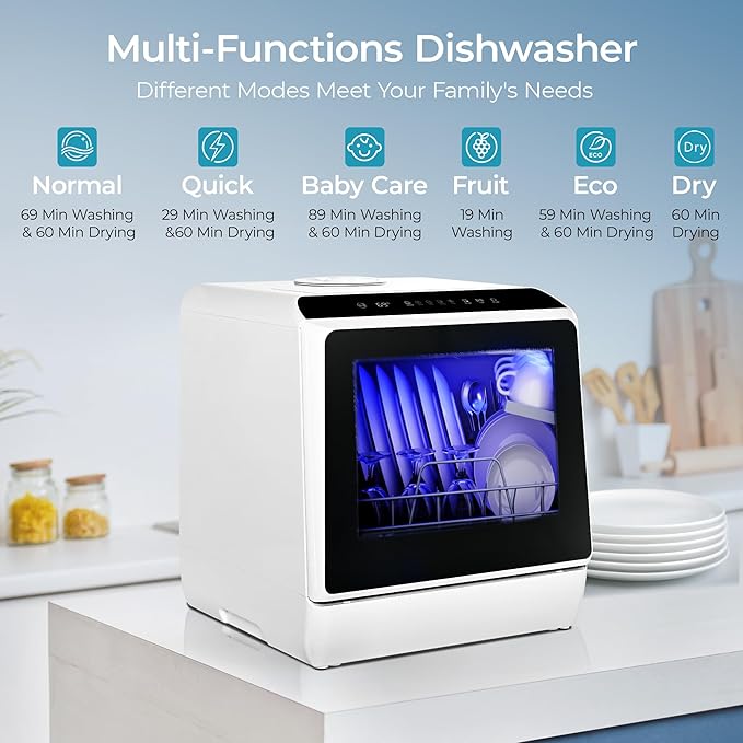 EUHOMY 6 Programs Countertop Dishwasher, Portable Dishwasher with 5L Built-in Water Tank & Inlet Hose, Mini Dishwasher for Apartments and RVs, High-Temp & Air-Dry Function, No Hookup Needed, Black