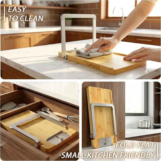 Adjustable Bread Slicer with Knife & Reusable Beeswax Storage Bags, Foldable Wood & Steel Slicing Guide for Homemade Sourdough Loaves up to 6.3”, Easy-Clean Detachable Fresh-Keeping Bags, 2-Pack Bundl