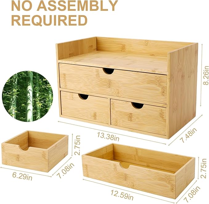 Charmewooden Bamboo Desk Organizer 3 Drawer with Shelf, Countertop Organizer with Drawers Makeup Storage Drawer 3 Drawers Tabletop Storage Organization Box Home Office Workspace