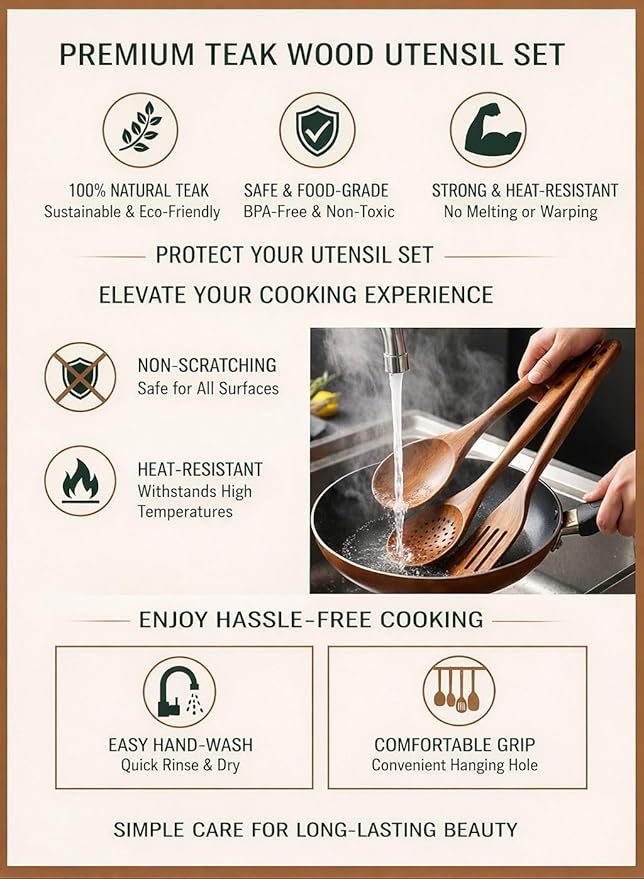 Natural Teak Wood Kitchen Utensil Set - 6 Piece Non-Stick Cooking Spoons & Spatulas, Heat Resistant & Eco-Friendly, Durable Wooden Tools for Nonstick Cookware