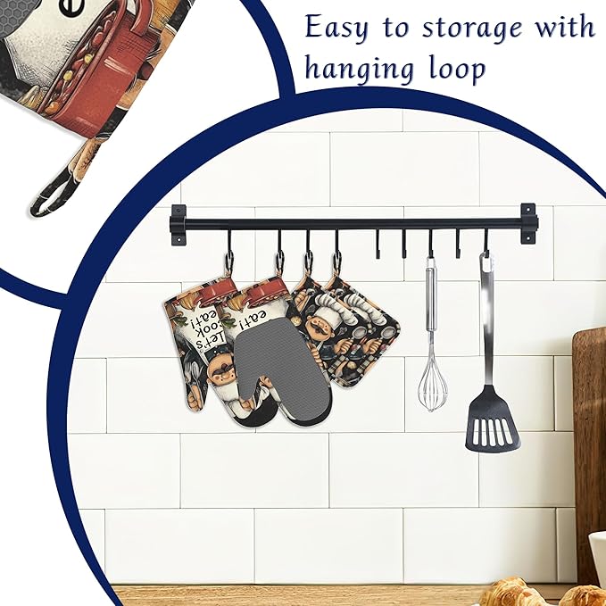 Funny Chef Pot Holders and Oven Mitts Set Silicone Let's Cook Eat Kitchen Gloves Potholders Heat Resistant Washable,Chef Cooking Baking Gifts for Women Men Bakers Lover Cooks