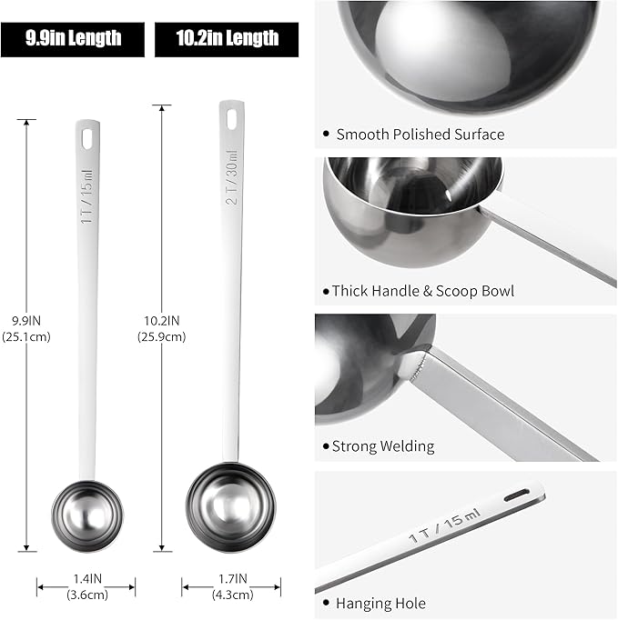 Doosu 18/8 Stainless Steel Food-Grade Measuring Coffee Scoop with 8.5in Long Handle (1 & 2 Tbsp) and 600°F Heat Resistant Mini Food-Grade Silicone Bowl Scraper (Aqua Sky)