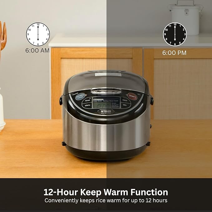 TIGER JAX-T10U-K 5.5-Cup (Uncooked) Micom Rice Cooker and Warmer with Tacook Food Steamer Cooking Tray Technology and 10 Auto-Cook Settings, Stainless Steel Black
