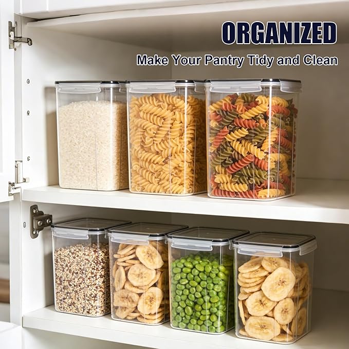 4 Pieces 6.5L / 220 oz Large Food Storage Containers, BPA Free Plastic Airtight Canisters for Flour, Sugar, Baking Supplies, Rice with Lids, Measuring Cups and Labels, Black