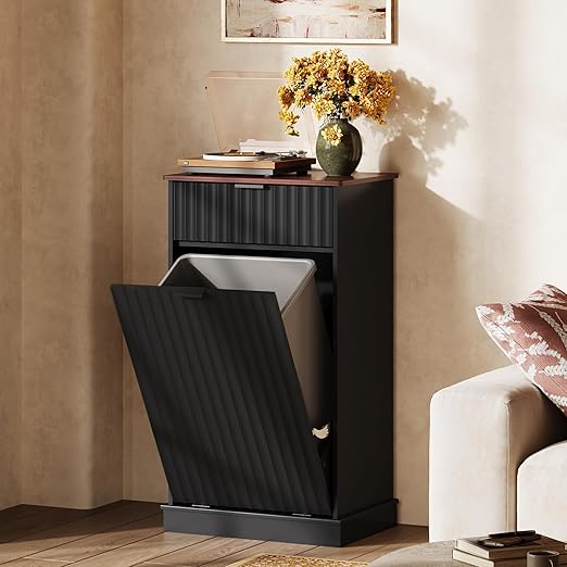 WLIVE 10 Gallon Tilt Out Trash Can Cabinet, Hidden Trash Can Cabinet with Storage Drawers,Food/Clothes Storage Pet Proof Wooden Trash bin Cabinet for Kitchen, Home, Laundry (Black)
