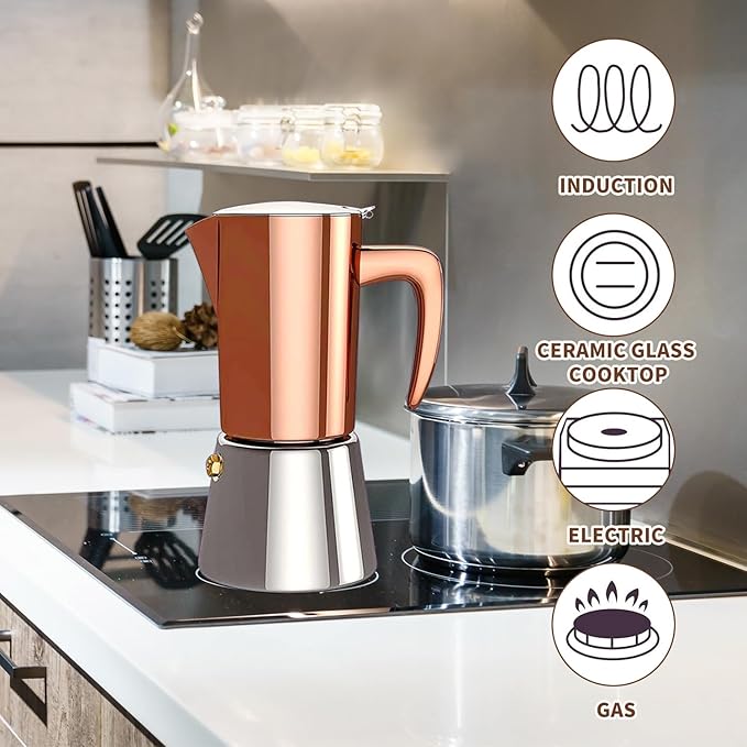 Stainless Steel Moka Pot Espresso Maker 6 Cups (10oz/300ml) - Italian Stovetop Coffee Maker for Gas & Induction Cooktops, Camping & Home Use, Durable Coffee Pot, Brown