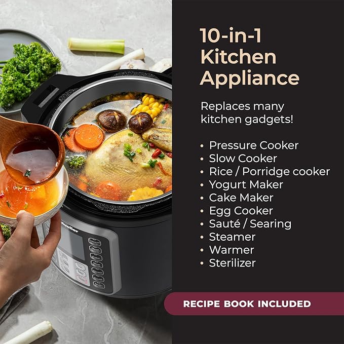 Mueller 6 Quart Pressure Cooker 10 in 1, Cook 2 Dishes at Once, Tempered Glass Lid incl, Saute, Slow Cooker, Rice Cooker, Yogurt Maker and Much More