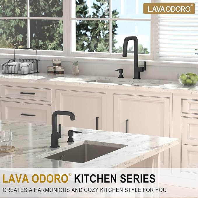 Lava Odoro Soap Dispenser for Kitchen Sink, Black Sink Soap Dispenser Pump, Modern Square Built in Kitchen Sink Countertop Pump Dispenser with 18oz Refillable Bottle, Spot-Free KSD182-MB