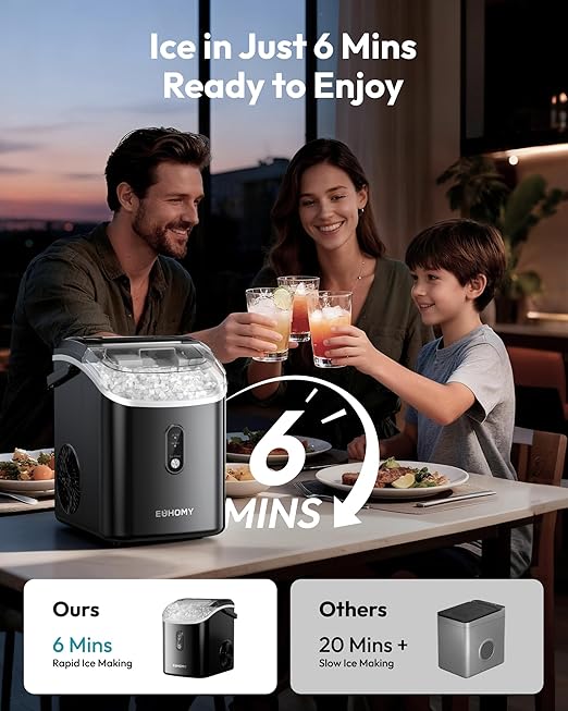 EUHOMY Nugget Ice Maker Countertop with Handle, Ready in 6 Mins, 38lbs/Day, Removable Top Cover, Self-Cleaning, Portable Chewable Ice Maker with Basket, Scoop, for Home/RV/Party/Camping (Black)