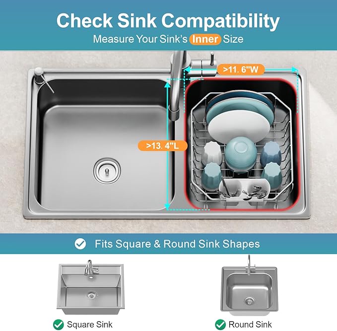GSlife Small in Sink Dish Drying Rack - Stainless Steel Compact Dish Drainer for RV Kitchen Apartment Sink, Rust Resistant Inside Sink Rack, 1–2 Person Households, 11.6" W x 13.4" L, Silver
