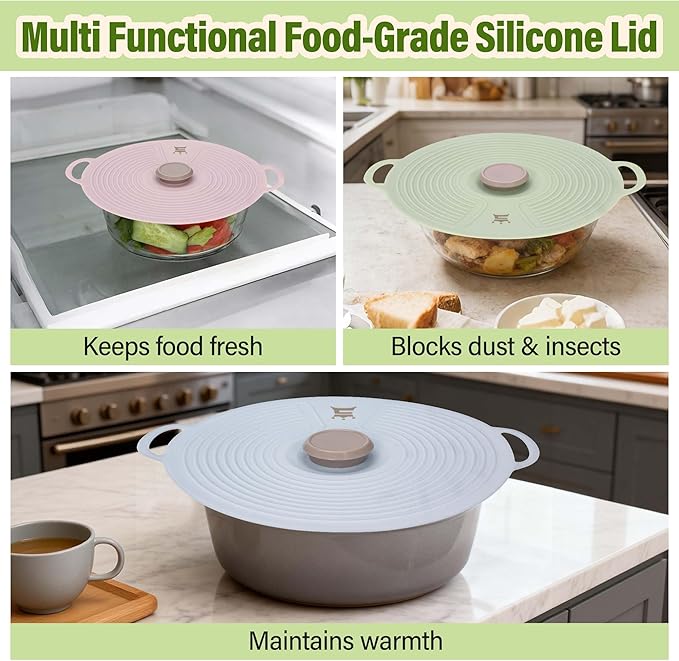 Silicone Lids for Bowl 3 Pack, Microwave Splatter Cover with 3 Sizes Reusable Heat Resistant Lids Fits Bowls, Plates, Pots, Pans, Skillets, Stove Top, Oven, Fridge Dishwasher Safe