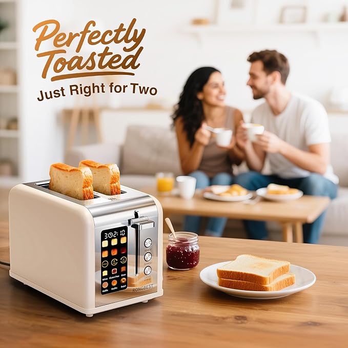 2 Slice Touch Screen Toaster Stainless Steel Digital Touchscreen with Wide Slots, Reheat & Defrost, Even Toasting for Bagel & Bread, Easy Removable Crumb Tray, Cream Color
