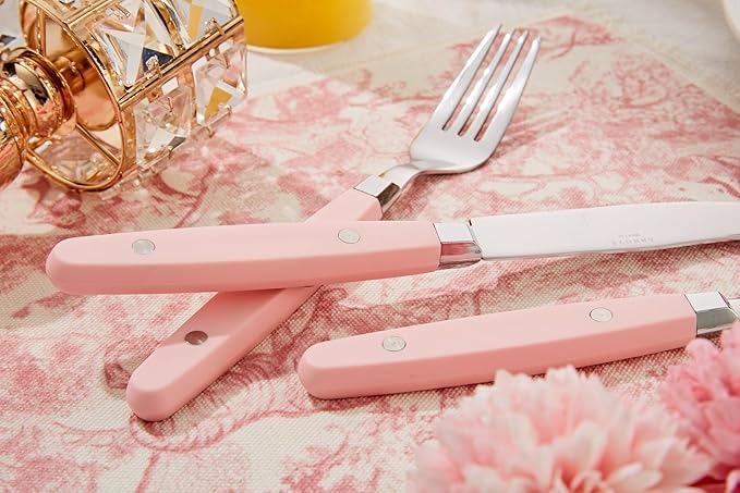 ANNOVA Silverware Set, Retro/Rivet Colorful Stainless Steel Tableware Kitchen Flatware Set Utensils, Includes Dinner Knives, Forks, Spoons, Salad Forks & Dessert Spoons (Light Pink, 20 Pieces)