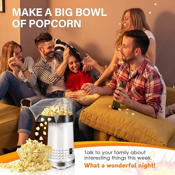 Quick & Easy 4.5Qt Oil-Free Hot Air Popcorn Machine - ETL Certified with Butter Melter, Measuring Cup & On/Off Switch for Movie Nights & Parties(White)