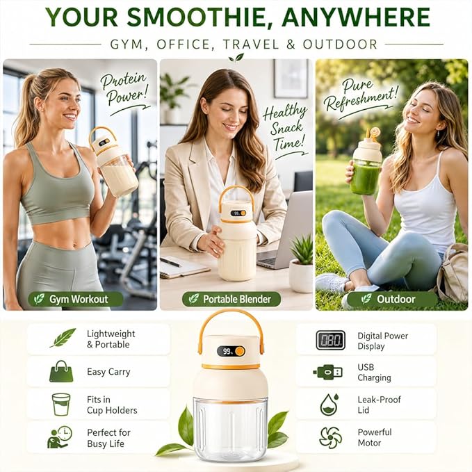 Portable Electric Juicer Cup with Zero Cord Hassle, 1200ml Multifunctional Wireless 2-In-1 Dual Lid Personal Blender Bottle with Straw 38-Blades USB Rechargeable for Gym Office Outdoor (800ml)