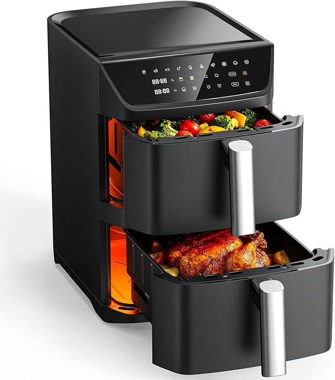 Dual Basket Air Fryer, 12.6QT Family-Size for 10–12 People, XL Basket for 6LB Whole Chicken, DoubleStack Compact Design, 10-in-1 Functions with Reheat, Dehydrate & SyncFinish, Dishwasher-Safe, Black