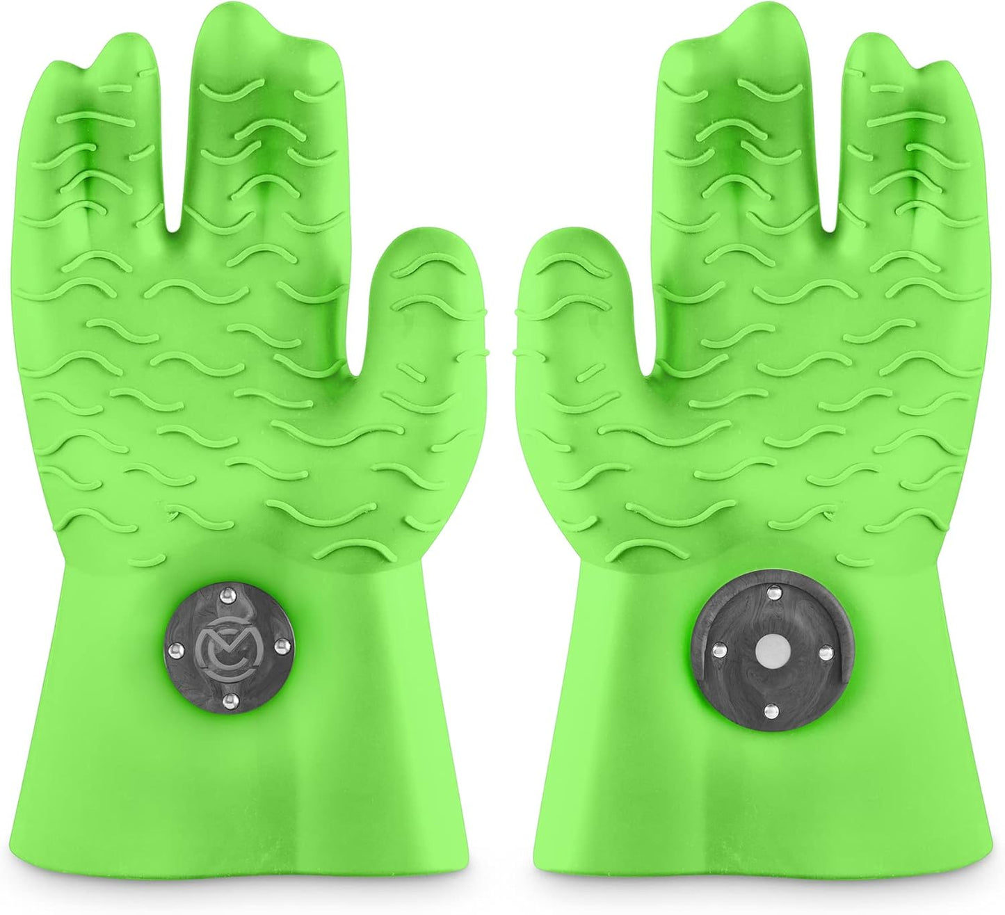 MagneCHEF Heat Resistant Silicone BBQ Gloves- Ergonomic Web fit Allows for Firm Grip- Patented Magnet Safety Clip Allows for Rapid Release of one or Both Hands- Grip Waves for Pulling Pork (Green)