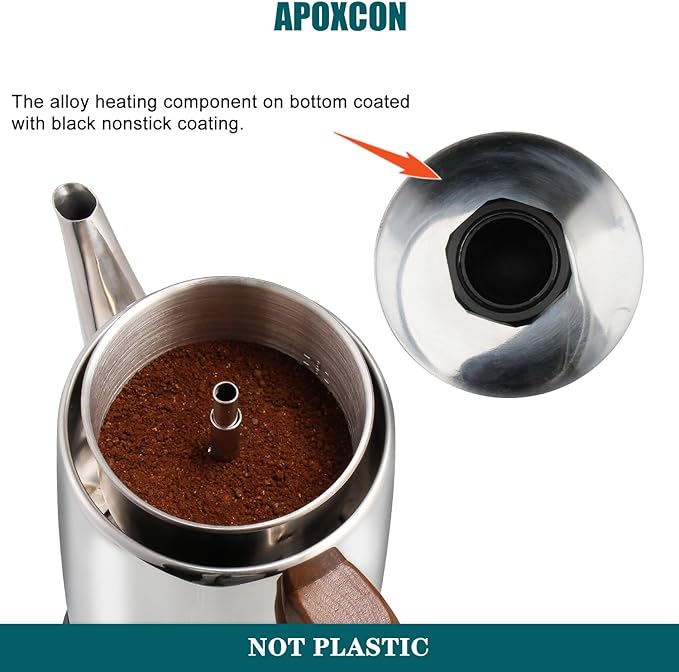 APOXCON Electric Coffee Percolator Stainless Steel Coffee Pot with Two Tough Glass Clear Brew Progress Knob & Treated Solid Wood Handle & On/OFF Switch Auto Keep Warm Cordless Serve (8 Cup)