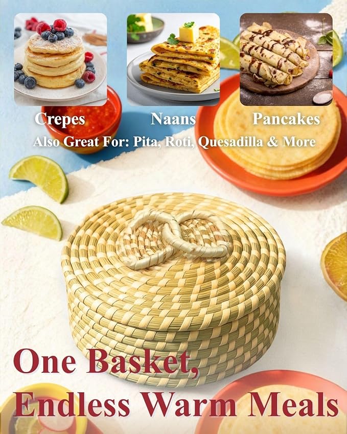 Handwoven Seagrass Tortilla Warmer Basket with Lid, 9.6" Breathable Natural Tortilla Holder with 2 Washable Cotton Liners, Boho Farmhouse Style Server for Tortillas, Roti, Pancake & Flatbread