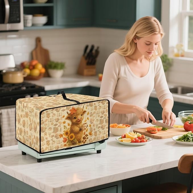 Toaster Oven Dust Cover Dustproof Convection Microwave Ovens Cover Stain-resistant Small Countertop Appliance Protector, L, Highland Cow Coffee Sunflower Fall Decor