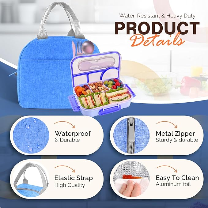 EASYFUN Bento Lunch Box Set Bento Box, 4-Compartment Lunch Containers,High Capacity Lunch Tote Bags for Work, Travel, Outdoor (Blue)