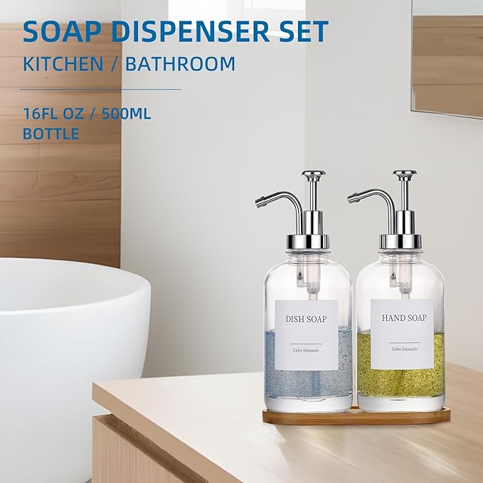 Glass Soap Dispenser with Pump, Dish and Hand Soap Dispenser for Kitchen Bathroom Set, Clear Glass Dispenser Set of 2 Pack with 18 Stickers Funnel Bamboo Tray 500ml 18oz / Each Bottle Sliver Pump