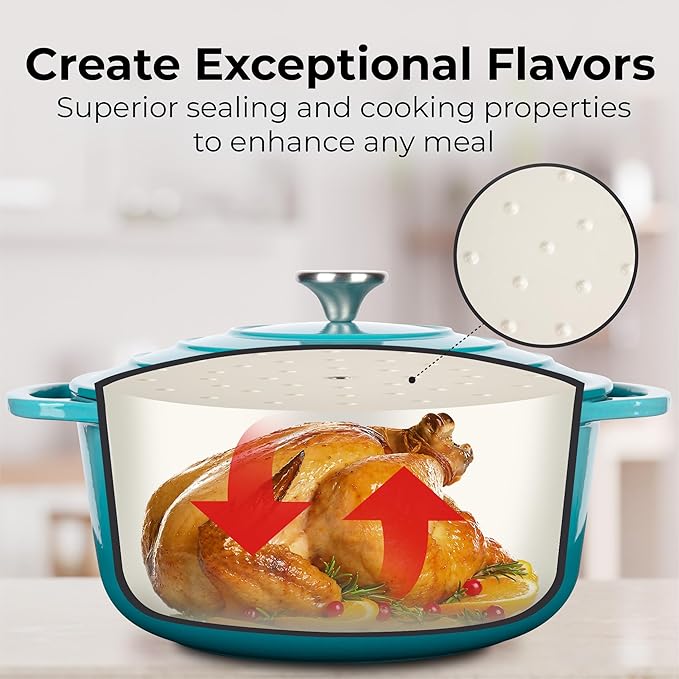 Zulay Kitchen 7.7 Quart Enameled Cast Iron Dutch Oven Pot with Lid – Premium Durability & Oven Safe up to 500°F – Heavy Duty Cookware Perfect for Bread Baking, Stews, Braising & Roasting – Light Blue