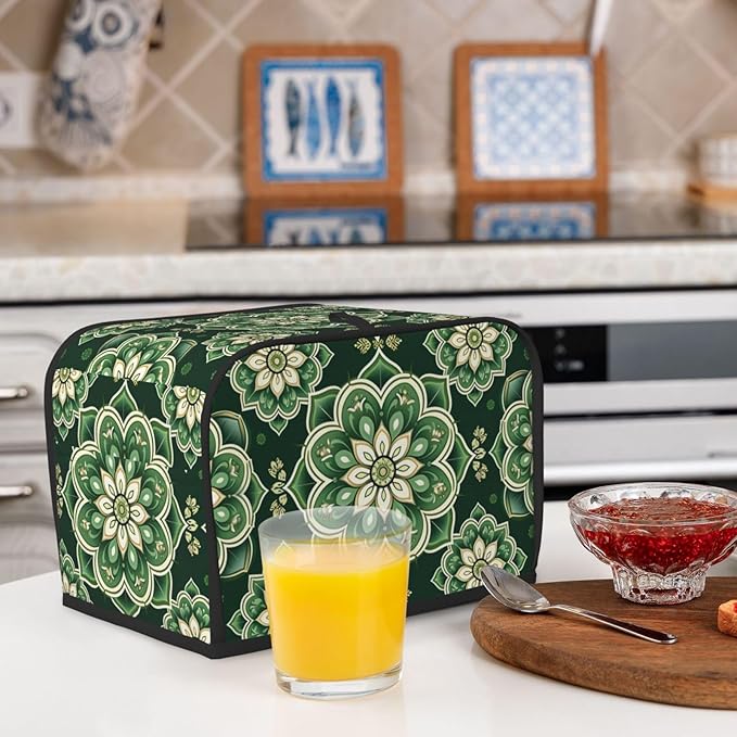 Green Mandala Ethnic Toaster Cover 2 Slice, Cute Country Bread Machine Cover, Washable Toaster Kitchen Small Appliance Cover Stain Resistant,with Top Handle