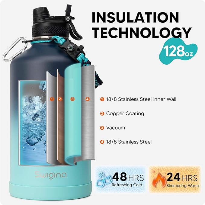 Swigina [2-IN-1 LID] Gallon Insulated Water Bottle with Silicone Boot (48hrs Cold/24hrs Hot) - DIY Stickers, Leakproof, BPA Free, 128 oz
