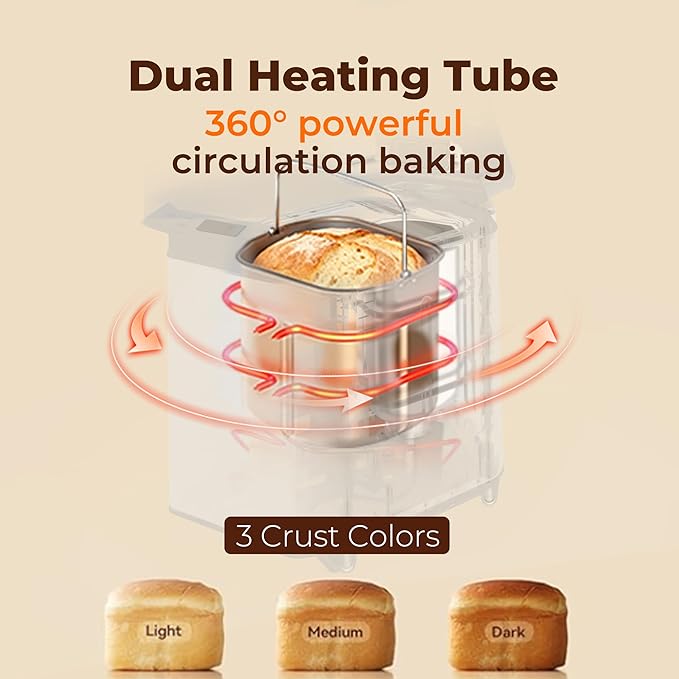 Rosewill 25-in-1 Automatic Bread Maker Machine with 3 Loaf Size up to 2 Lb, 700W High Power Dual Heater Bread Maker with BPA-free Nonstick Coating Pan, Max 15 Hours Delay Timer, Low Noise - Silver