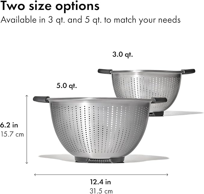 OXO Good Grips Stainless Steel Colander, 5 qt. Capacity, Strainer with Non-Slip Handles, Kitchen Colander for Pasta and Vegetables, Nesting Stainless Steel Strainer and Sieve