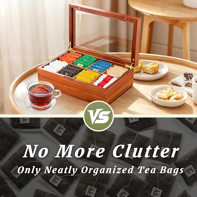 LANNEY Tea Bag Organizer - Acacia Wooden Tea Box Organizer Storage Box, Bag Holder Container with 8 Removable Compartments, Clear Window and Magnetic Lid for Coffee Sugar Countertop Kitchen Cabinet