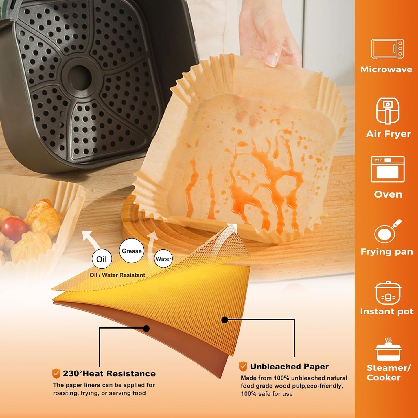 Vailnd Air Fryer Disposable Paper Liners 9inch Square, 125PCS Non-Stick Food Grade Air Fryer Parchment Paper, Oil Resistant & Waterproof Baking Liner for 8-12 QT Air Fryer Oven