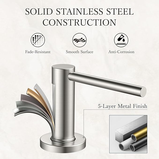 FORIOUS Soap Dispenser for Kitchen Sink, Stainless Steel Liquid Dish Soap Dispenser Pump with Top Refill 17oz Soap Bottle, Brushed Nickel Built in Sink Lotion Dispenser for Kitchen Countertop