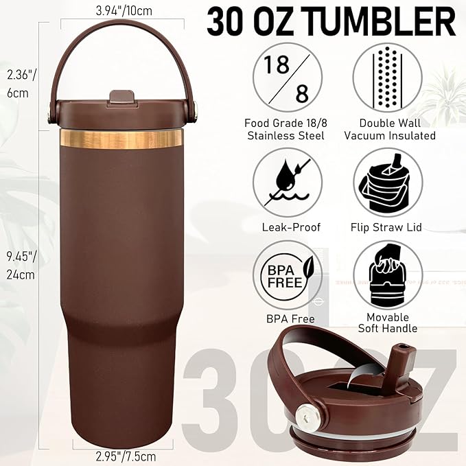 30 oz Tumbler with Handle and Straw, Vacuum Insulated Tumblers with Flip Straw and Top Handle, Leakproof Powder Coated Tumbler, Stainless Steel Travel Mug for Coffee Water (Browm, 1Pack)