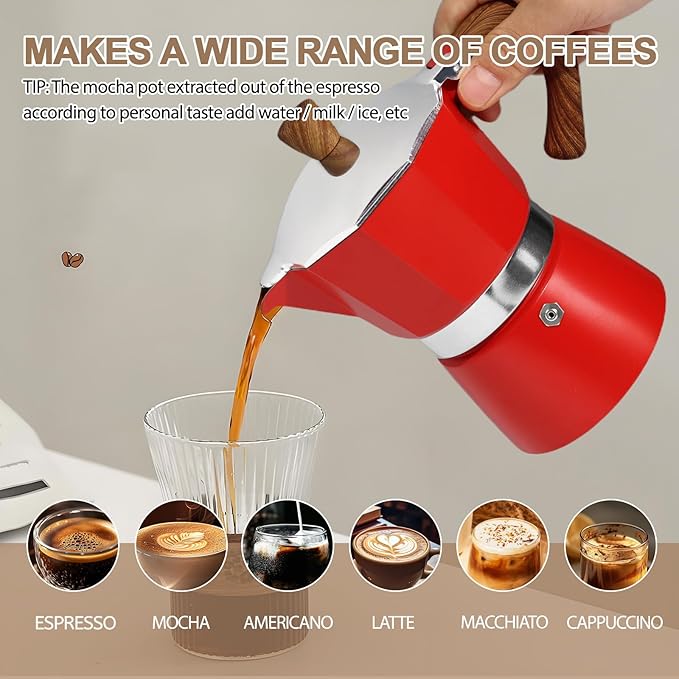 Aluminum 3 Cup 150ml Moka Pot Express Coffee Maker Stovetop Espresso Colorful Coffeemaker Italian Classic Style Brewing Greca Cafe Mocha Machine for Cafeteras Lover Camping Travel and Home Use 5oz