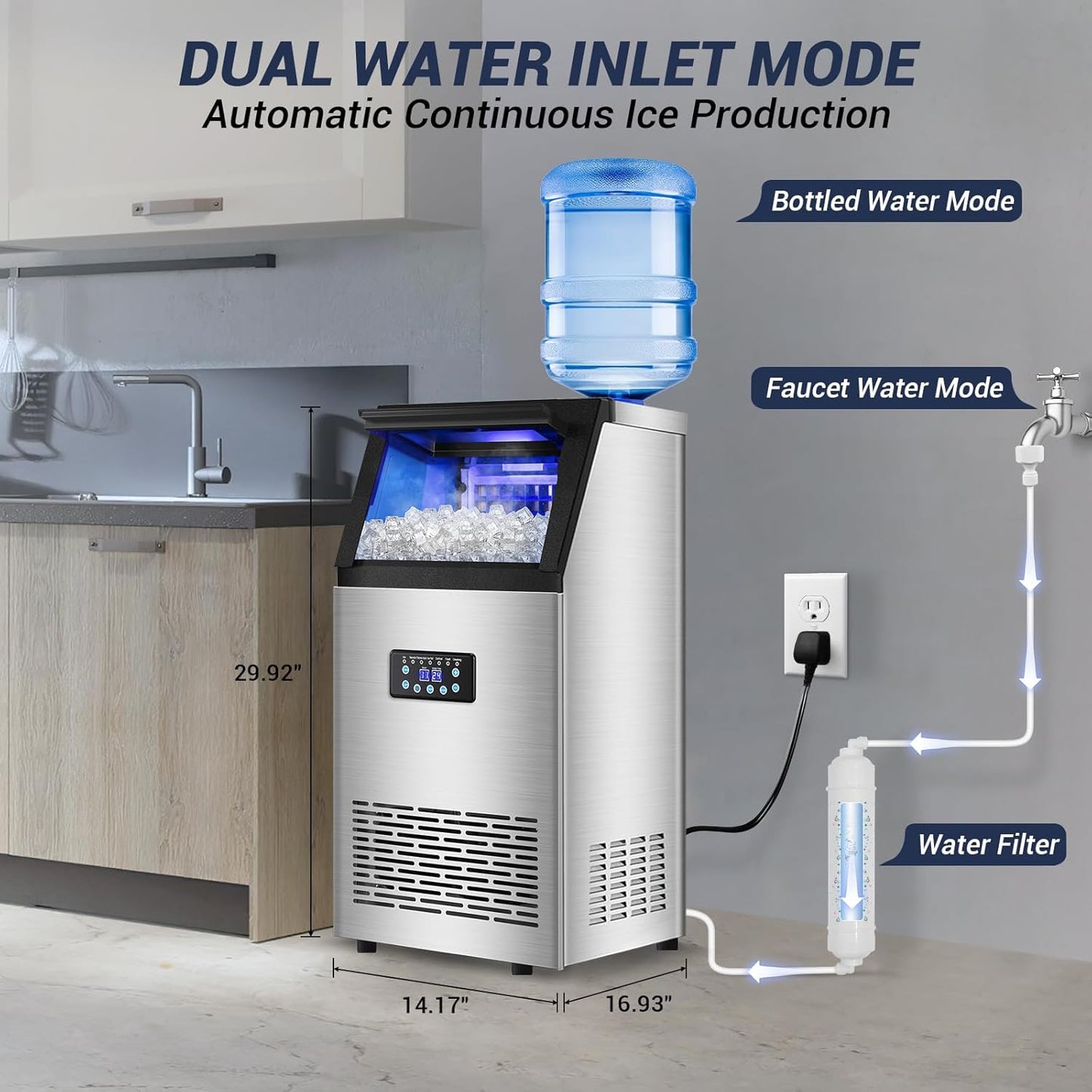 【120LBS/24H + 40 Cubes/12-18 Mins】 15" Commercial Ice Maker - 30LBS Storage, Self-Cleaning Under Counter & Freestanding Ice Machine for Home/Bar/Outdoor