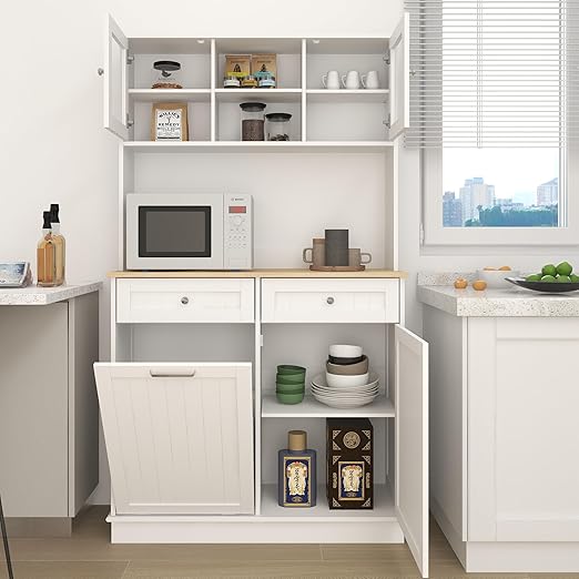 RASOO Trash Can Cabinet 67.7" Tall Kitchen Pantry Storage Sideboard Freestanding Tilt Out Trash Can 10 Gallon Glass Doors with 2 Drawers Microwave Coffe Bar