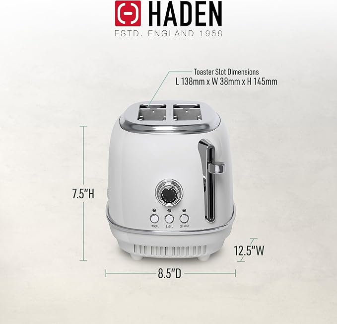 Haden Heritage 2 Slice Wide Slot Stainless Steel Toaster with Adjustable Browning Control & Non-Slip Feet, Ivory & Chrome