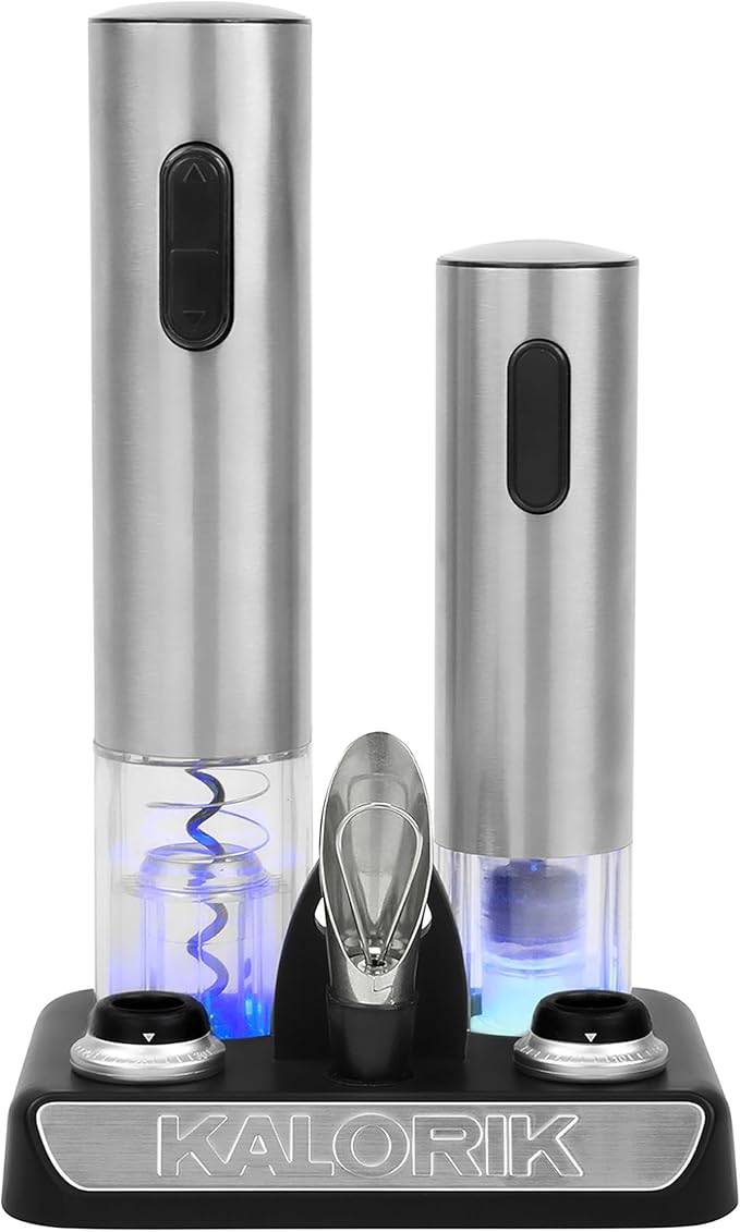 Kalorik Electric Wine Opener Wine Lovers Set Includes Bottle Opener Wine Pourer Preserver and 2 Stoppers Foil Cutter and Charging Base, Stainless Steel