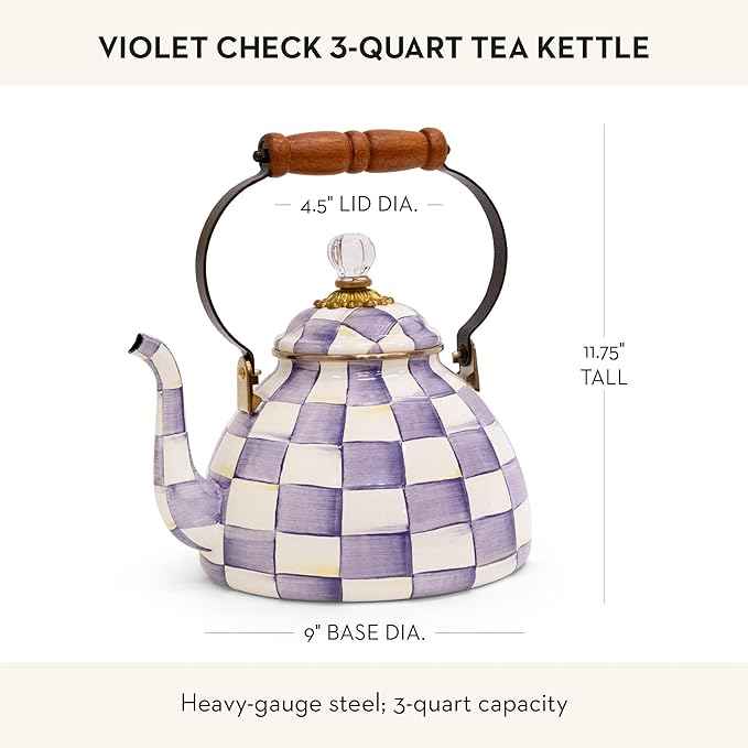 MACKENZIE-CHILDS Enamel Tea Kettle, Decorative Tea Kettle for Stovetop, 3 Quarts, Purple-and-White Violet Check