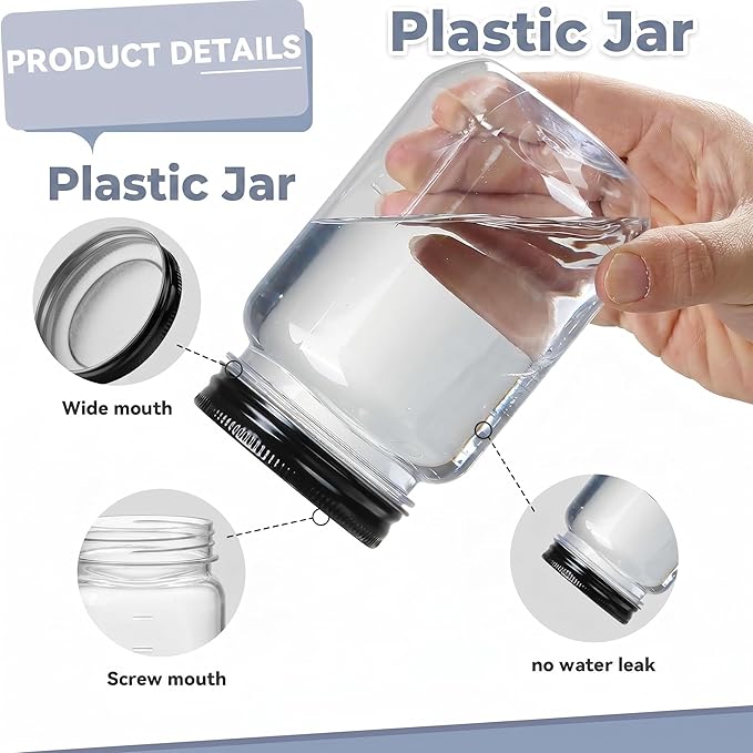 novelinks 16 oz Clear Plastic Jars with Lids, Refillable 16oz Mason Jars with Lids & Storage Containers for Kitchen & Household Use (20 Pack,Black)