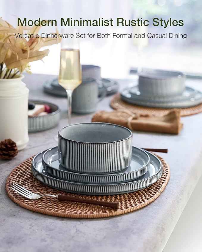 Famiware Star Dinnerware Set with Pasta Bowls, Service for 6 (24 Pieces), Ribbed Stoneware Plates and Double Bowls Sets - Chip & Scratch Resistant, Microwave & Dishwasher Safe Dishes, Smoky Blue