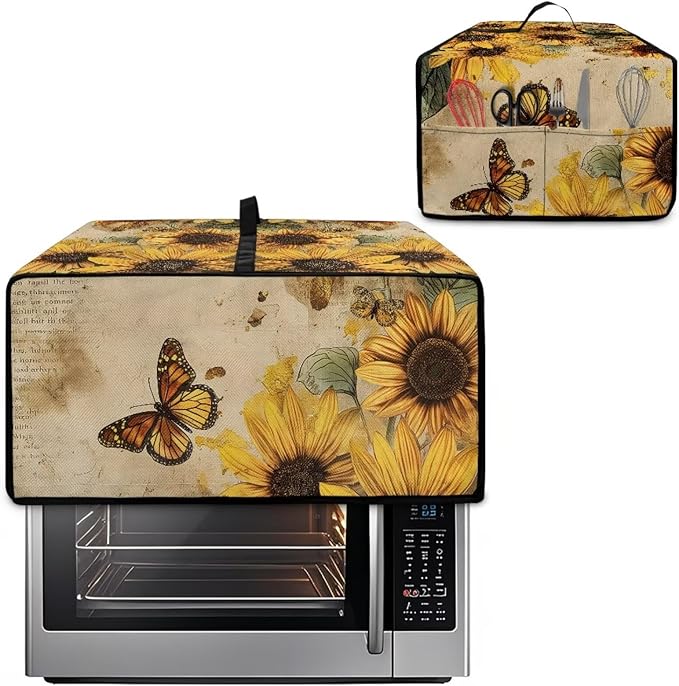 Convection Toaster Oven Cover with Pockets, Easy to Clean, Smart Microwave Baking Oven Dust Cover for Countertop, S, 14.5 x 18.5 x 9 Inches, Retro Sunflower Butterfly