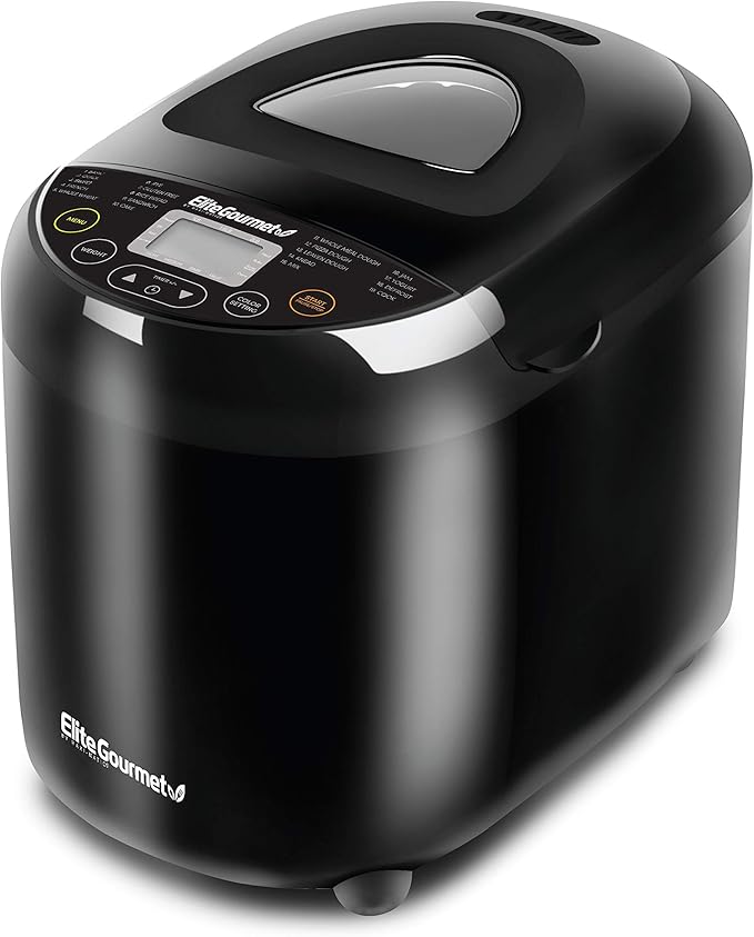 Elite Gourmet Programmable Bread Maker, 2 lb Loaf, 3 Sizes, 19 Presets incl. Gluten-Free, Dough & Jam, Delay Timer, Black