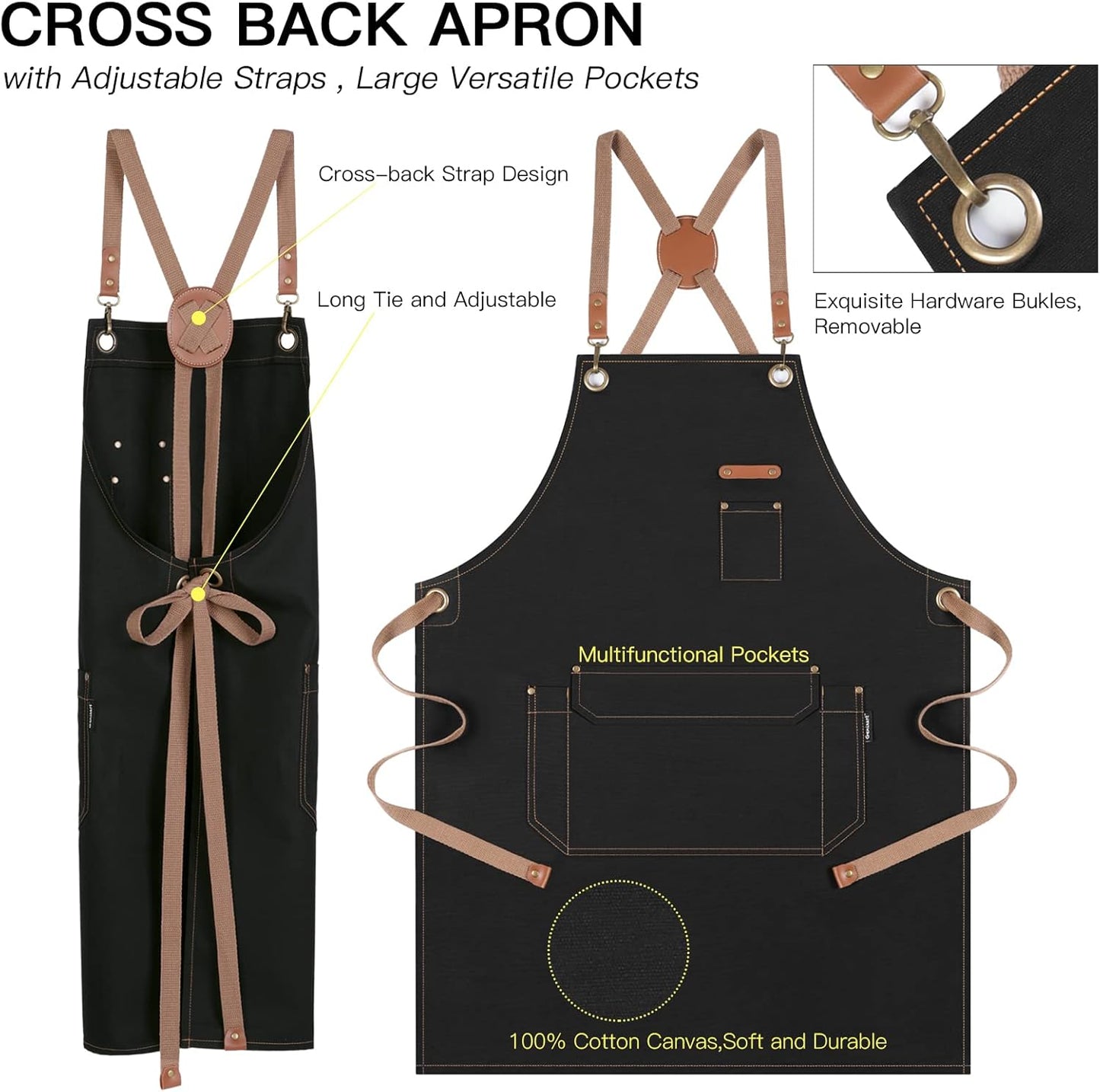 Genixart Chef Apron for Men Women with Pockets, Canvas Aprons for Kitchen Cooking, Artist Painting, Work Apron for Server (Black, 6 Pack)