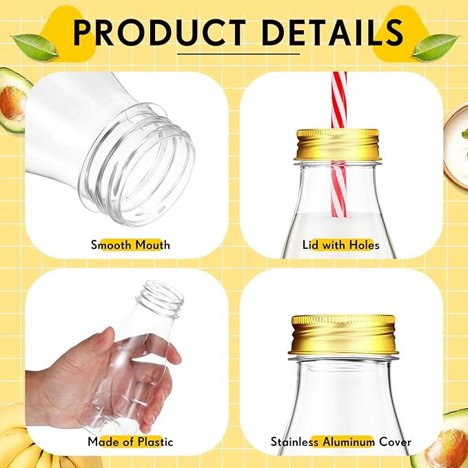 Yinkin 20 Sets Plastic Milk Bottles with Straws Lids Clear Plastic Containers for Dairy Milk Party Bottle for Juices Shakes Smoothies (8 oz,Red,White)
